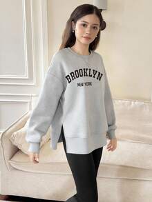 SHEIN 一套少女时尚休闲布鲁克林纽约字母印花宽松短款卫衣和紧身打底裤套装，棕色，秋冬季 - 灰色 - 查看 6