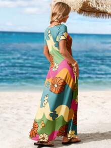 Sylviya Vestido largo casual de mujer con cuello cuadrado y manga corta, vestido bohemio de verano adecuado para salir, elegante y apropiado para vacaciones - Multicolor - Ver 2
