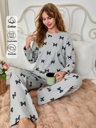 Women Grey Mel Pajama Set With Bow Print