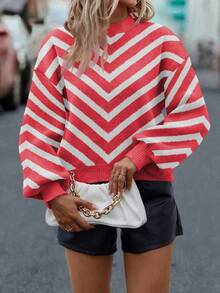 SHEIN LUNE Women's Casual Colorblock Striped Sweater, Autumn/Winter - Redwood - View 6