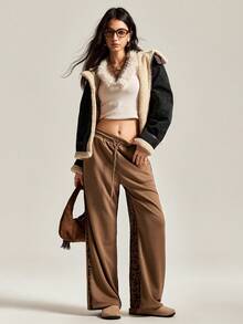 Easelle 休闲通勤豹纹拼布抽绳腰运动裤 - 棕色 - 查看 7