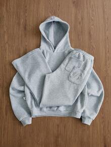 TOKVUE Men's Winter Elastic Solid Color Street Style Gray Sports Suit, Embroidered Details, Men's Sportswear, Men's 2 Pieces Sportswear Set - Light Grey - View 3