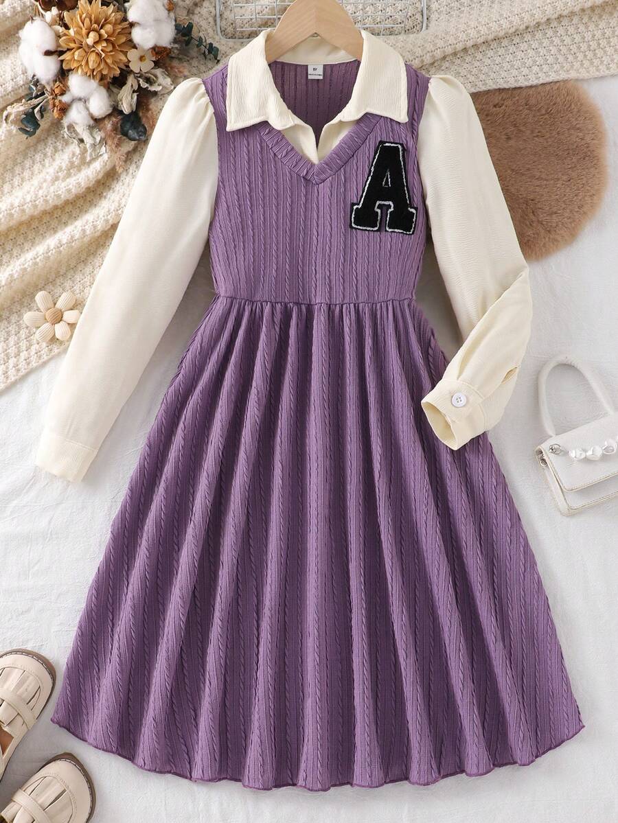 Khaki Textured Fabric Long Sleeve Dress - Purple - View 1