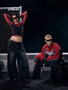 NEON BLANC X LYSMO COLLAB Áo khoác dài tay in chữ màu tương phản dành cho nam, Đồ đôi - Đỏ - Xem 3