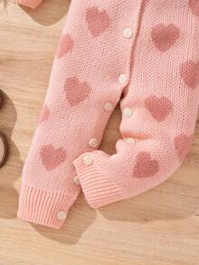 SHEIN Baby Girl Heart Pattern Long Sleeve Single-Breasted Knitted Jumpsuit, Autumn/Winter