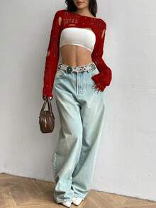 SHEIN Unity 女式纯色不对称领口做旧长袖套头毛衣 - 紅色 - 查看 6