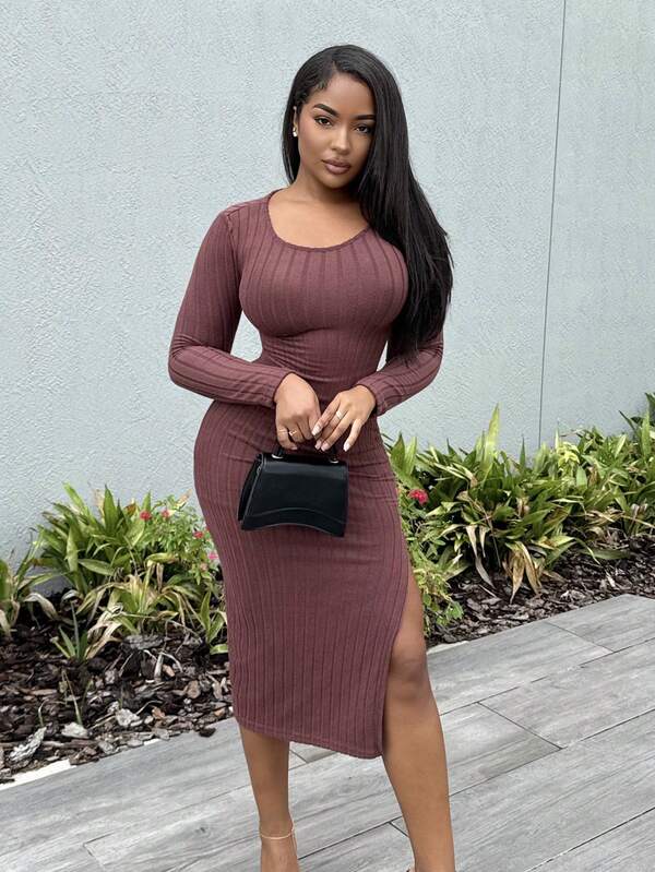 Alexandranx Ladies' Ribbed Dress With Side Slit And Asymmetrical Hemline