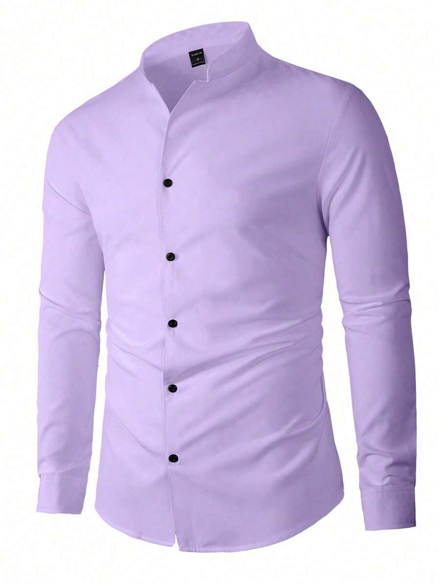 Manfinity Mode Men Solid Color Stand Collar Long Sleeve Casual Shirt, For Fall - Mauve Purple - View 1