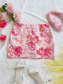 Soleia 新款休闲度假西部海滩婚礼宾客着装毕业早午餐女士圣帕特里克节春假复活节音乐节优雅波西米亚热带印花纹理迷你裙 - 淺粉色 - 查看 3