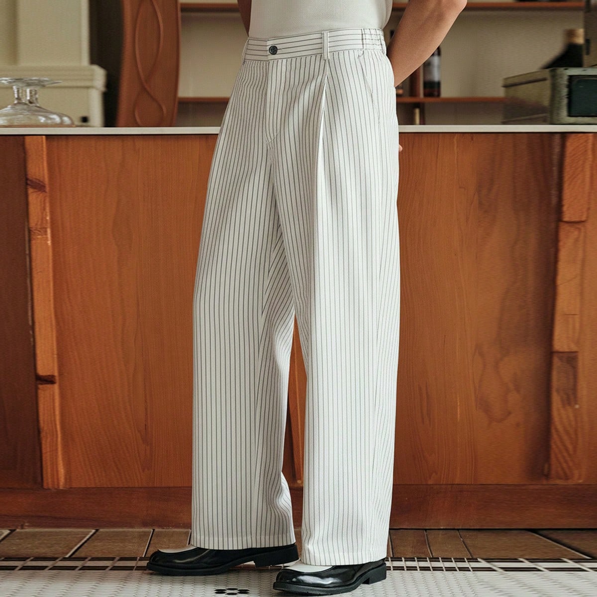 Pantalones casuales de negocios con bolsillos en diagonal y estampado de rayas para hombres de talla grande
