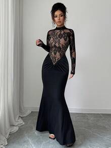 Allurite 优雅简约黑色针织毛衣上衣，蕾丝拼布修身牛奶丝连衣裙，适合单身派对、茶会、秋冬 - 黑色 - 查看 1