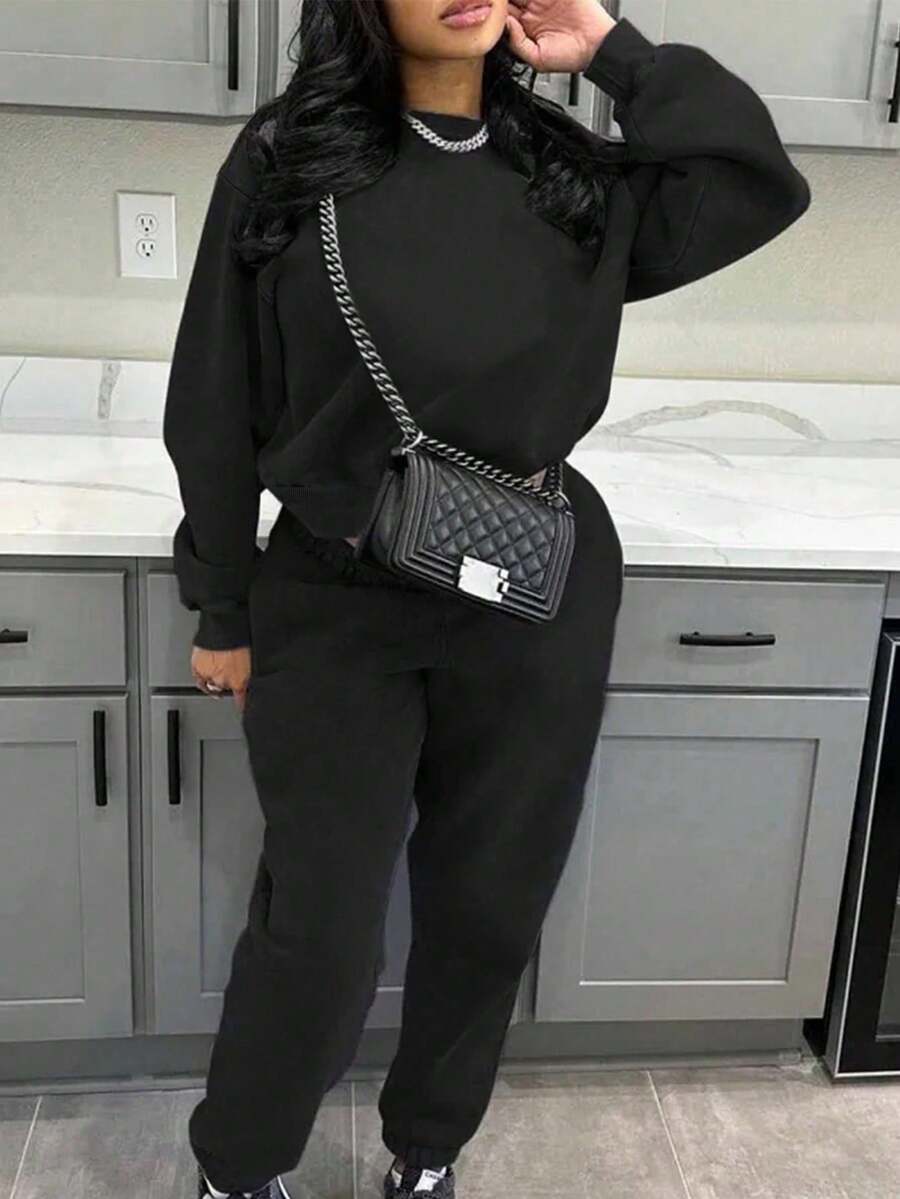 INAWLY 女士纯色长袖运动衫和裤子两件套，女士休闲抽绳，口袋腕长袖宽松黑色落肩运动衫运动裤女式两件套，春/秋，休闲日常穿着 - 黑色 - 查看 1