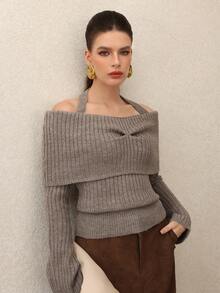 Modelyn Women's Autumn/Winter Fashionable Solid Color Foldover Halter Off Shoulder Fitted Sweater - Camel - View 5