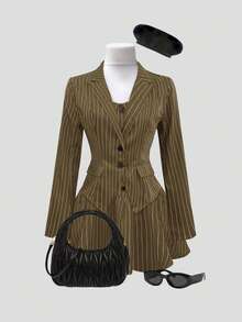 Sweetra 女士休闲条纹无袖迷你连衣裙和长袖西装外套套装，通勤风格，秋季 - 綠色 - 查看 3