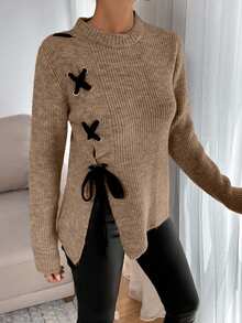 SHEIN Tall Tall Casual Contrast Color Cross Cord Placement Rib Knit Sweater With Slit - Beige - View 4