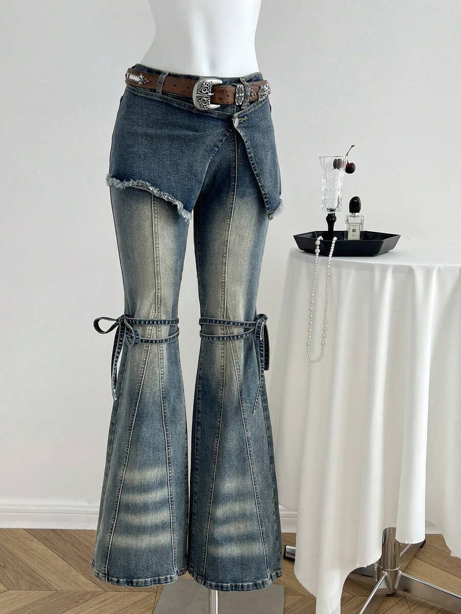 Elamini 女士休闲时尚西式度假风打结喇叭腿牛仔裤，不含腰带 - 藍色 - 查看 1