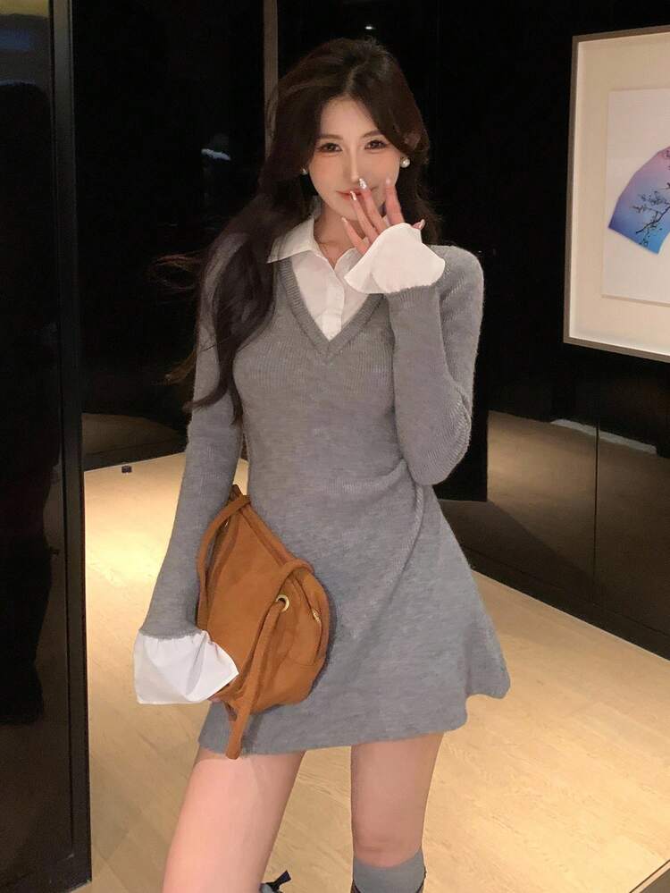 Women's 2 In 1 Contrast Color Korean Cartoon Embroidery Mid-Length Sweater Dress, Autumn/Winter