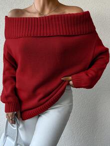 EURMUSE Women's Solid Color Off-Shoulder Loose Casual Long Sleeve Pullover Sweater - Red - View 1