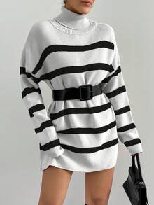 EURMUSE Striped Pattern Turtleneck Sweater With Drop Shoulder - Black and White - View 4