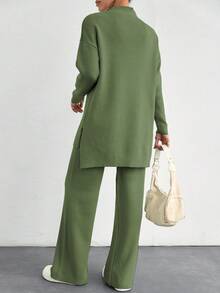 EURMUSE 女士春季/秋季休閒實色立領針織毛衣和長褲套裝 - 薄荷綠 - 查看 2