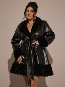 SHEIN BAE Jaqueta plus size feminina, patchwork com cinto, estilo de rua da moda, outono/inverno - Preto - Ver 4