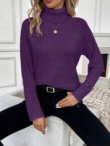 EMERY ROSE Suéter casual de cuello alto y manga raglán de unicolor simple para uso diario y viajes, otoño/invierno para mujer - Bold Plum - Ver 4