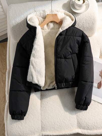 SHEIN Chaqueta acolchada con capucha corta de tela tejida con forro térmico, de corte holgado y cómodo para niña preadolescente, ideal para otoño, invierno, uso diario, actividades al aire libre, reuniones y sesiones de fotos