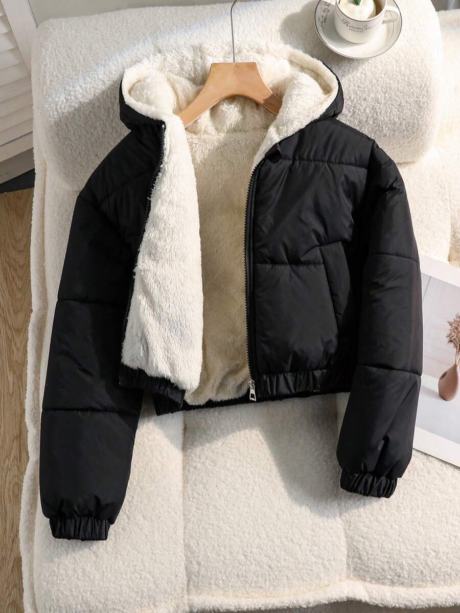 SHEIN 少女休闲时尚梭织面料保暖连帽短款羽绒服,宽松舒适,适合秋冬季日常通勤、户外玩耍、聚会、拍照等场合 - 黑色 - 查看 1