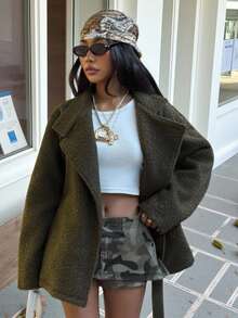 Muchica 女士秋冬新款立领低腰系带羊毛大衣 - 橄欖綠 - 查看 4