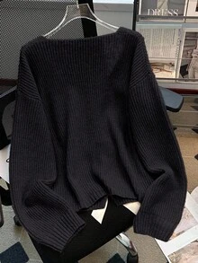 Franclia Bow Decor V-Neck Ribbed Casual Long Sleeve Sweater, Christmas - Black - View 2