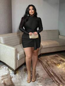 SHEIN LUNE Plus Size Women's Dress, Waist Cinching, Bodycon, Multi-Button Design, Turtleneck, Sexy Party Black Mini Dress, Elegant Women's Dress - Black - View 6