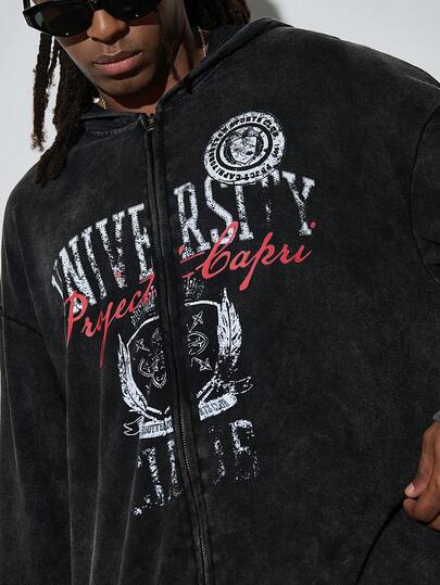 Modcrash 男士撞色字母徽章复古印花全拉链连帽卫衣，春秋季，2000年代风格春夏款