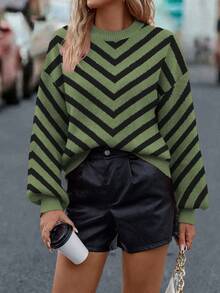 SHEIN LUNE Sweater Wanita Kasual Longgar dengan Motif Garis-Garis dan Bahu Jatuh, Musim Gugur/Dingin - Olive Green - View 5