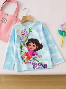DORA | SHEIN Young Girls' Cartoon Graphic Tie-Dye Round Neck Loose Fit Long Sleeve T-Shirt, Autumn/Winter - Blue - View 1