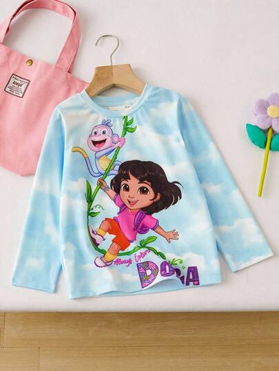 DORA | SHEIN Young Girls' Cartoon Graphic Tie-Dye Round Neck Loose Fit Long Sleeve T-Shirt, Autumn/Winter