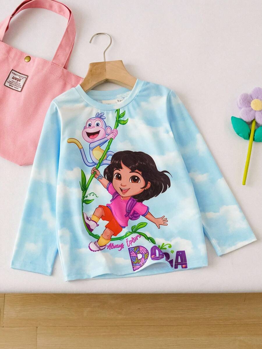 DORA | SHEIN Young Girls' Cartoon Graphic Tie-Dye Round Neck Loose Fit Long Sleeve T-Shirt, Autumn/Winter - Blue - View 1