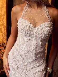 MOTF Soiréza Váy dạ hội đính ngọc trai giả sang trọng quyến rũ dành cho nữ - trắng - Xem 3