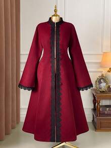 SHEIN Clasi Áo khoác ngoài dài tay cổ đứng phối ren dáng chữ A khoét lỗ thêu họa tiết tương phản cỡ lớn, thanh lịch khi đi chơi, tụ tập, đi làm - Màu Đỏ Sâu - Xem 1