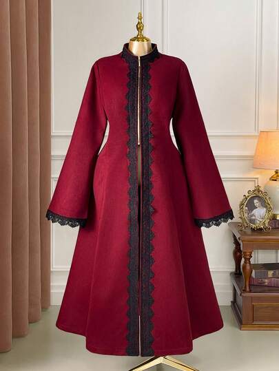 SHEIN Clasi Plus Size Mixed Stand Collar Long Sleeve Ruffle Sleeve Cape A-Line Hollow Contrast Embroidered Decor Long Overcoat, Elegant For Outings, Gatherings, Commuting