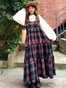 FRIFUL 女士格子极简吊带连衣裙 夏季女装 - 紅色 - 查看 3