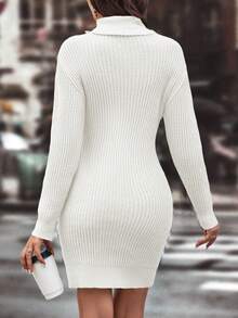 SHEIN LUNE Ribbed Turtleneck Knitted Slim Fit Sweater Dress For New Year Clothes - White - View 2