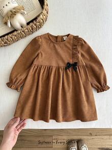 Cozy Pixies Baby Girl Textured Bow Decor Round Neck Long Sleeve Waist Cinched Dress - Brown - View 6