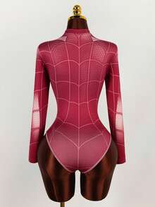 Amplova 女式秋季时尚蜘蛛和蛛网印花修身长袖紧身衣 - 紅色 - 查看 7