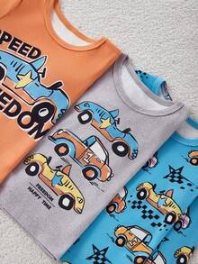 3 件套小男孩卡通汽车和字母印花圆领长袖上衣和裤子睡衣套装 - 彩色 - 查看 7