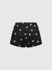 ROMWE Bộ đồ ngủ hai dây và quần short họa tiết chấm bi và đầu lâu Gothic màu tương phản - màu đen - Xem 6