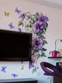 1PC PVC Self Adhesive Removable Vinyl Wall Sticker Flower Leaf Butterfly Pattern Purple Floral Spring Garden Design Home Decor Wall Decal For Living Room Bathroom Cabinet Sofa Backdrop Spring Decoration Easter Decor Home Makeover Wall Art Gift