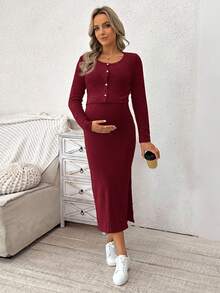 SHEIN 2025 Autumn/Winter New Maternity 2 Pieces Set, Jacket Paired With Long Dress, High Stretch Knit Maternity Outfit - Burgundy - View 5