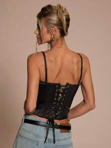 SHEIN BAE Corset cu bretele detașabile din dantelă satinată neagră pentru femei, toamnă și iarnă, corset negru, costum de Halloween, Crăciun, Anul Nou, petrecere, corset sexy, costum sexy pentru femei, club sexy pentru femei, ieșire în oraș