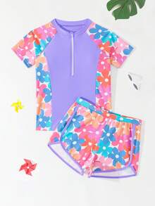 SHEIN Girls' Solid Color & Floral Print Patchwork Sleeveless Tankini Top - Purple - View 2