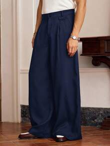 SWAVVY 男士纯色褶皱口袋休闲阔腿裤 - 藏蓝色 - 查看 3